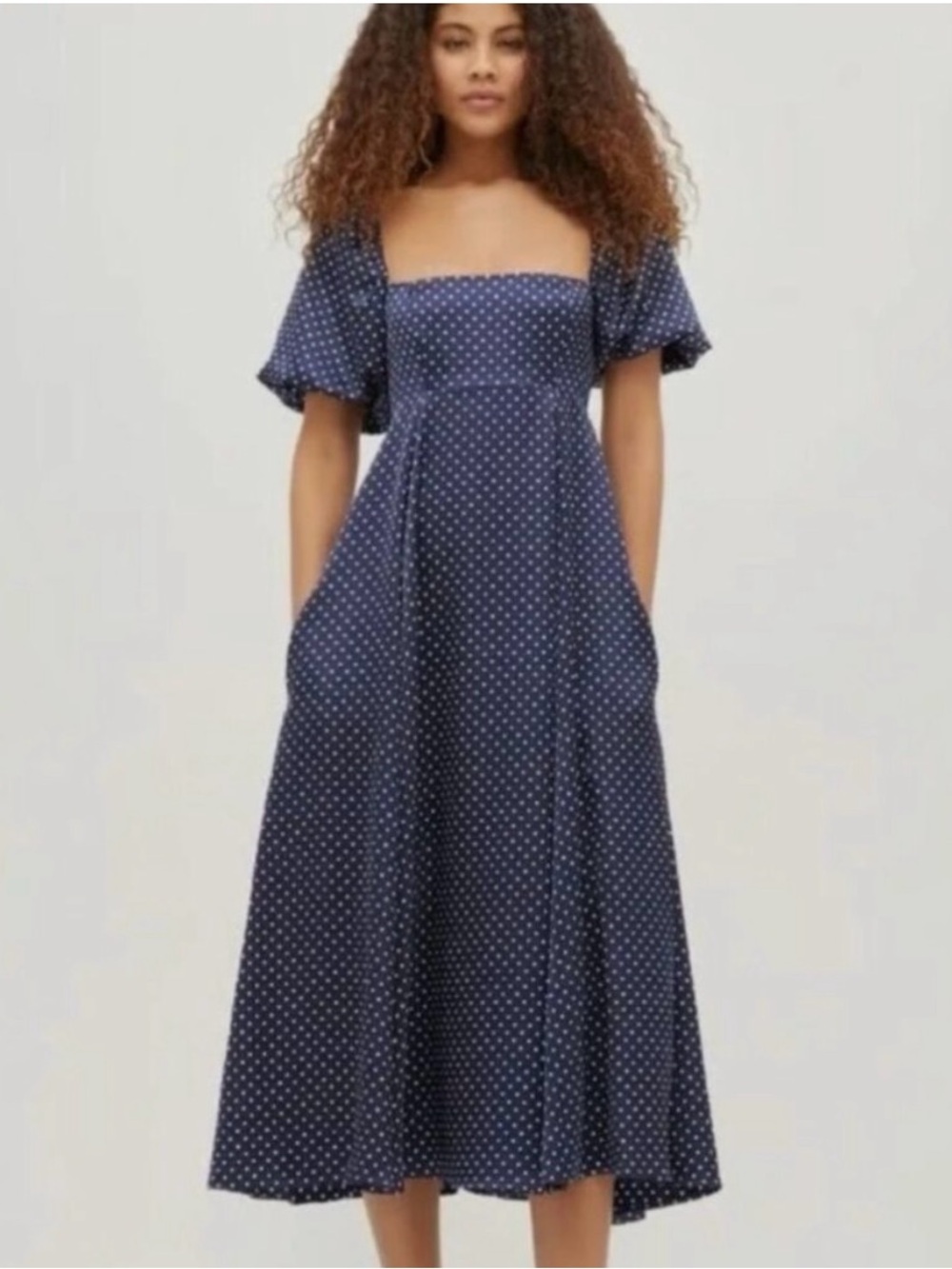 Hillhouse Matilda Navy Polka Dot Square-Neck Midi Dress